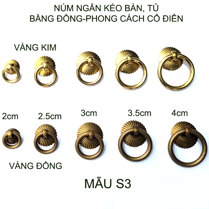01 Tay nắm ngăn kéo bàn, cánh tủ phong cách cổ điển Vintage, bằng đồng đặc, mẫu S3