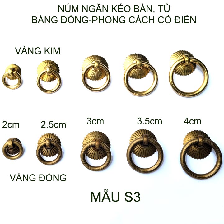 01 Tay nắm ngăn kéo bàn, cánh tủ phong cách cổ điển Vintage, bằng đồng đặc, mẫu S3