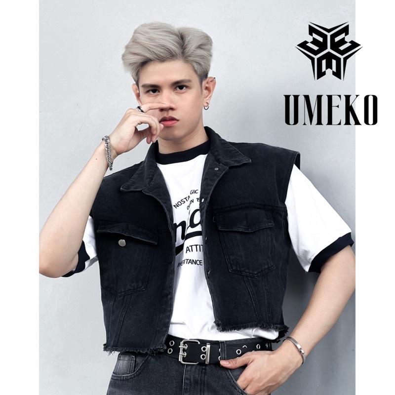 UMEKO Áo Gile Jean, Áo Khoác Denim Unisex Form Crop Dáng Rộng Không Tay Phong Cách Y2K Streetwear Cá Tính Hot Hè 2023