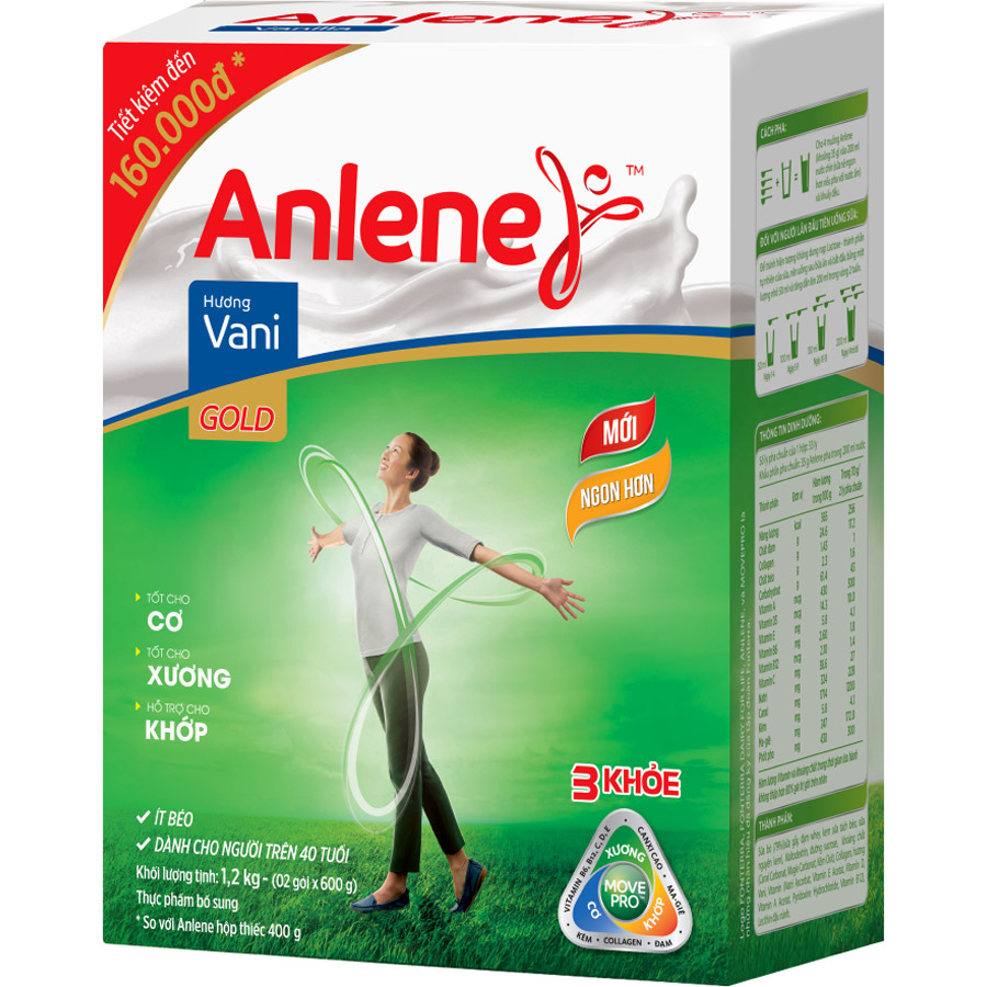 Combo 2 Sữa Bột Anlene Gold Movepro Hương Vanilla (Hộp Giấy 1,2kg) Tặng Bộ 3 Thố Thủy Tinh