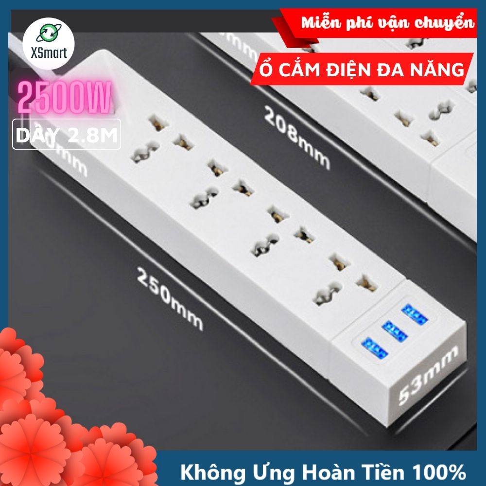 Ổ Cắm Điện Đa Năng Chịu Tải 2500w Cắm Mọi Thiết Bị Tích Hợp Cổng USB 5V Tiện Lợi Dây Dài 2,8 Mét Chống Cháy Nổ Cực An Toàn -Hàng Chính Hãng