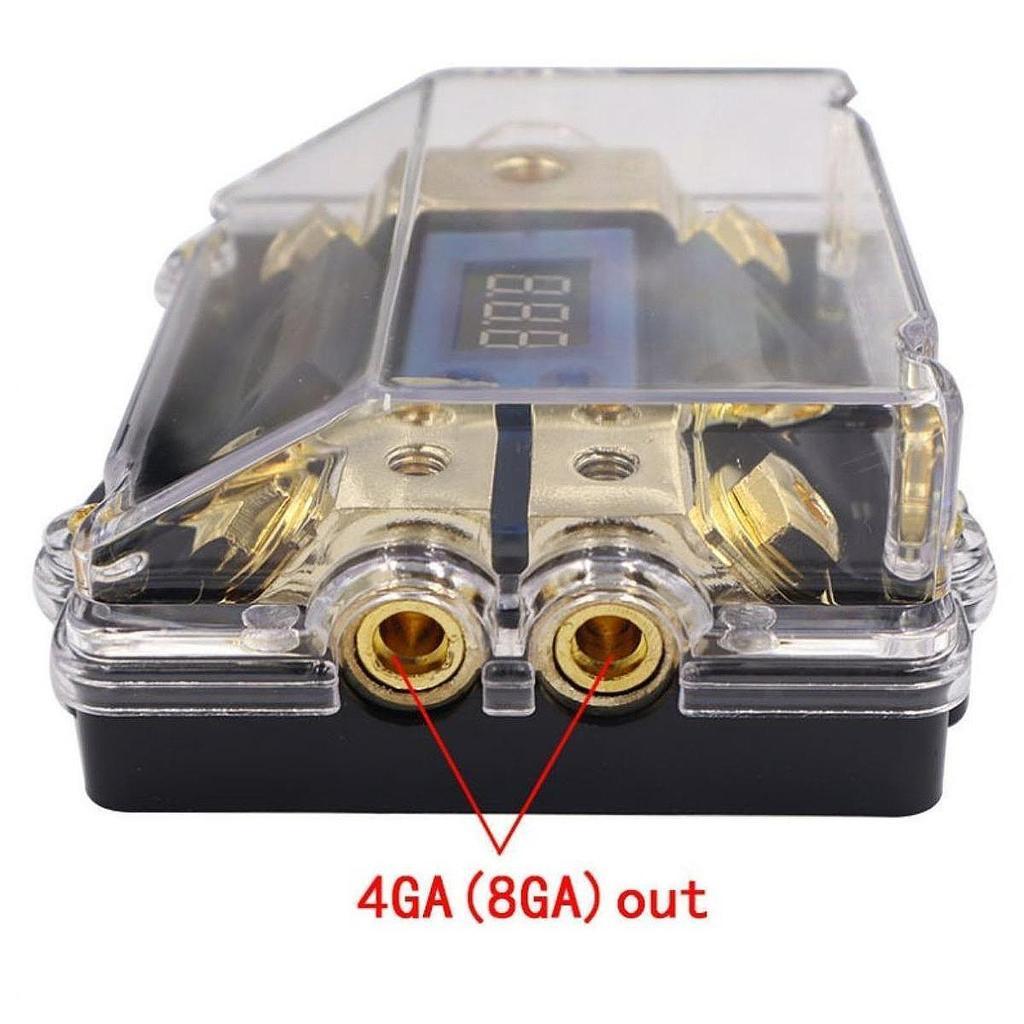 Cầu chì ANL 100A chia nguồn ô tô 1 ra 2  tự ngắt có bảng hiển thị điện áp Led mạ vàng 24K cao cấp