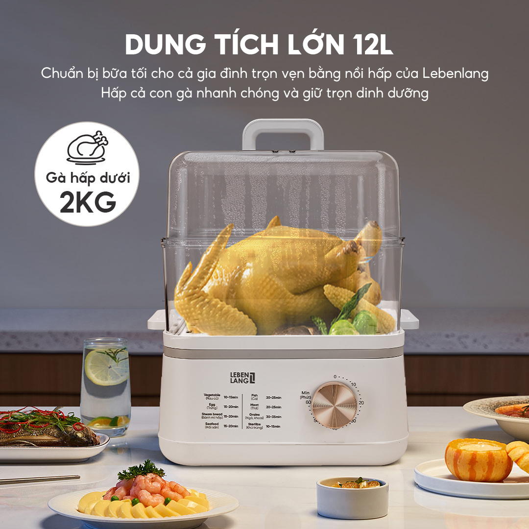 Nồi hấp điện đa năng LEBENLANG LBEL5030 hấp 2 tầng,12L tiện lợi, 800W, bảo hành 2 năm - hàng chính hãng