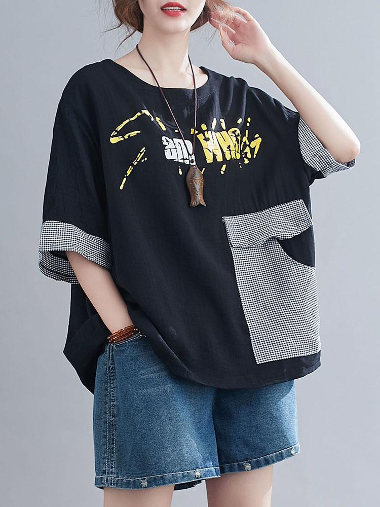 Women T-Shirt O-Neck Short Sleeve Chic Print Plaid Splicing Pocket Loose Casual Tops Plus Size