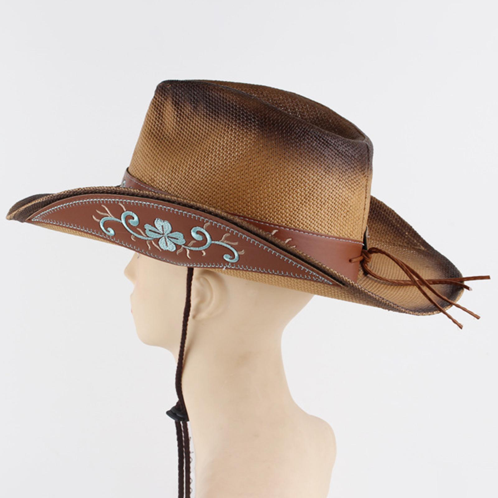 Western Style Cowboy Hat Women Men Wide Roll up Brim Outdoor Sun Hats with Chin Strap Versatile Jazz Caps Sun Protection for Festivals Travel