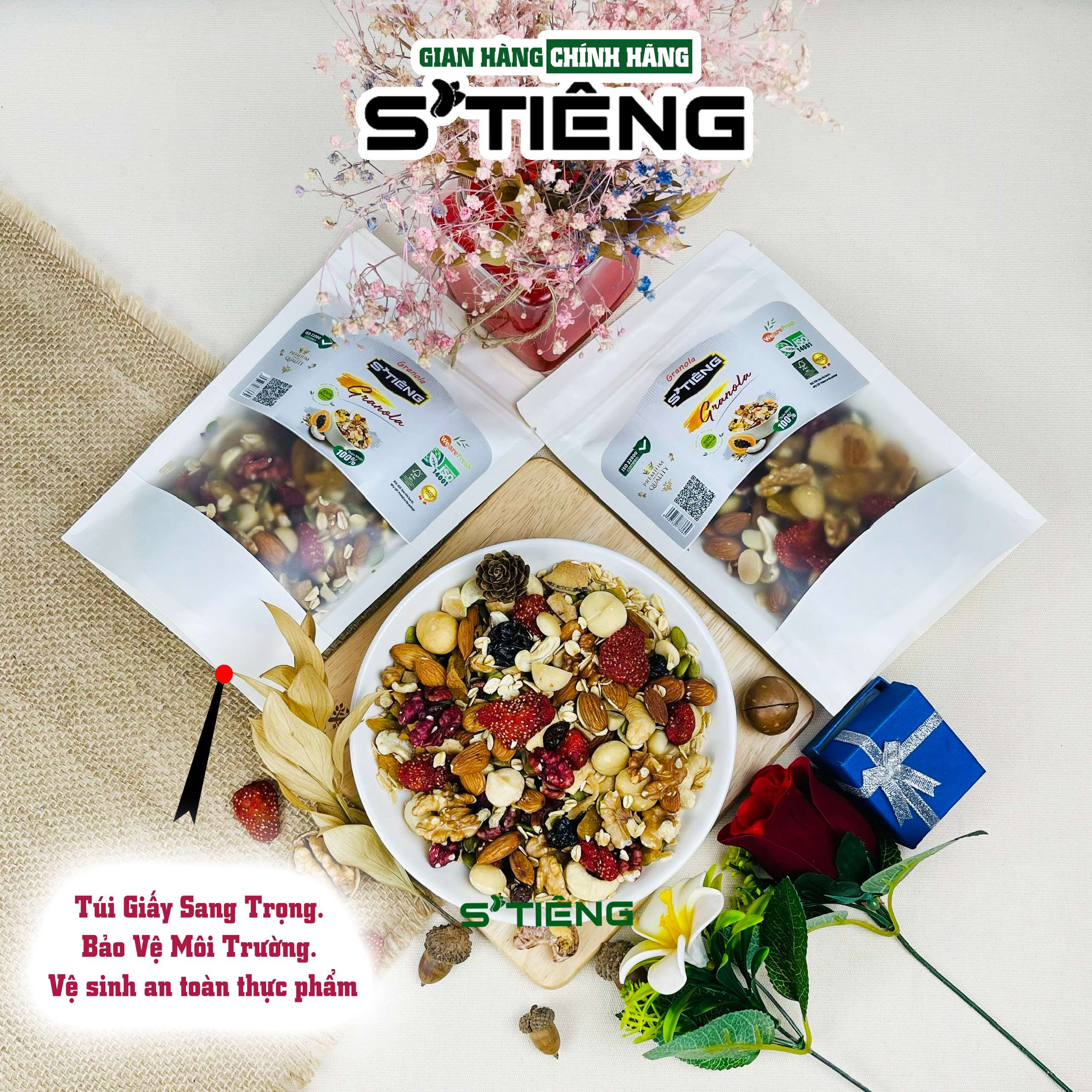 Granola Siêu Hạt &amp; Quả Sấy STIENG, Hạt Dinh Dưỡng Ngủ Cốc Ăn Kiêng Giảm Cân, Hạt Óc Chó, Hạt Macca, Hạt Điều, Hạt Hạnh Nhân, Hạt Bí. Nho Khô