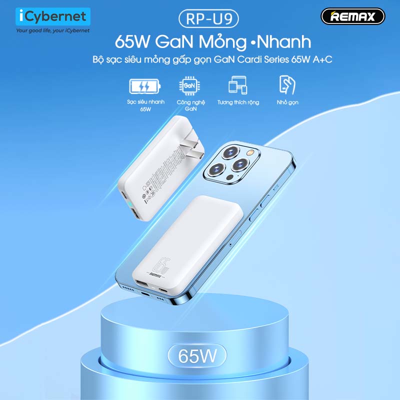 Củ sạc GaN 65W siêu nhỏ Remax RP-U9 - Hàng chính hãng