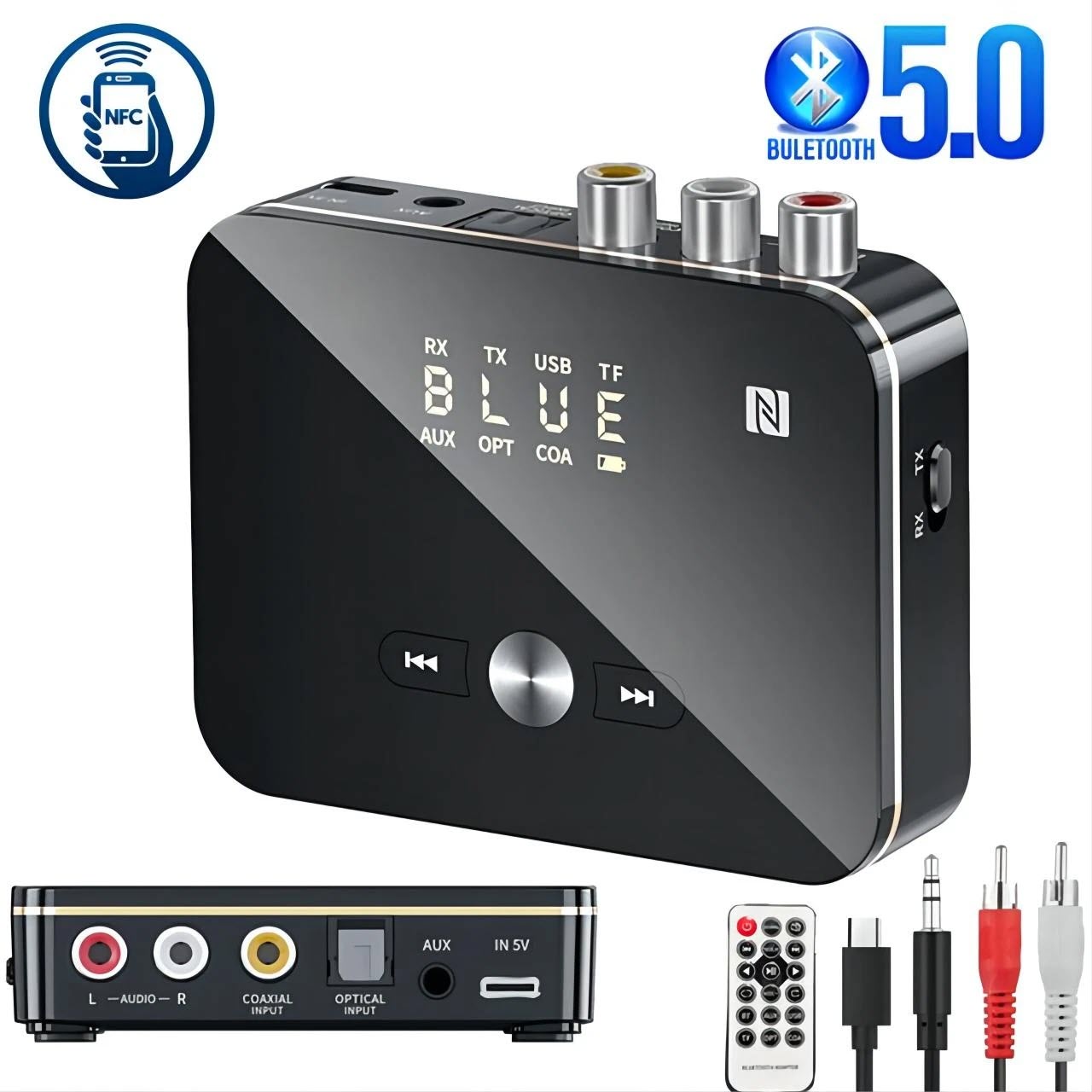 Bộ Thu Phát Âm Thanh M8 Kết Nối NFC , Bluetooth 5.0 Giao Diện AUX/RCA/Coaxial/Optical/USB/TF Card Tích Hợp Pin 500mAh. Bluetooth Receiver Transmitter 5.0 NFC Stereo 3.5mm Wireless AUX M8 Jack RCA Optical Audio Adapter Mic IR Remote Control For TV