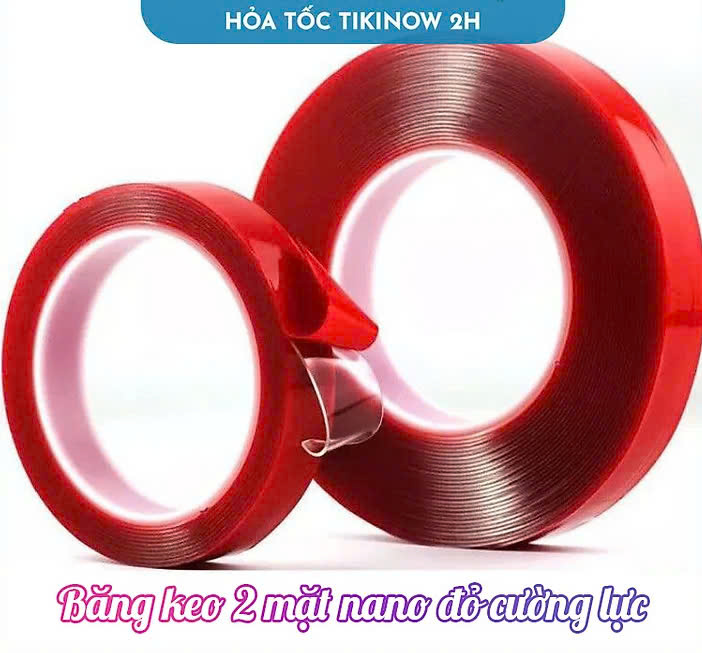 Băng Keo 2 Mặt Nano Đỏ Cường Lực Trong Suốt Siêu Dính, Chịu Nhiệt, Chống Nước Rộng 20mm x 3 mét