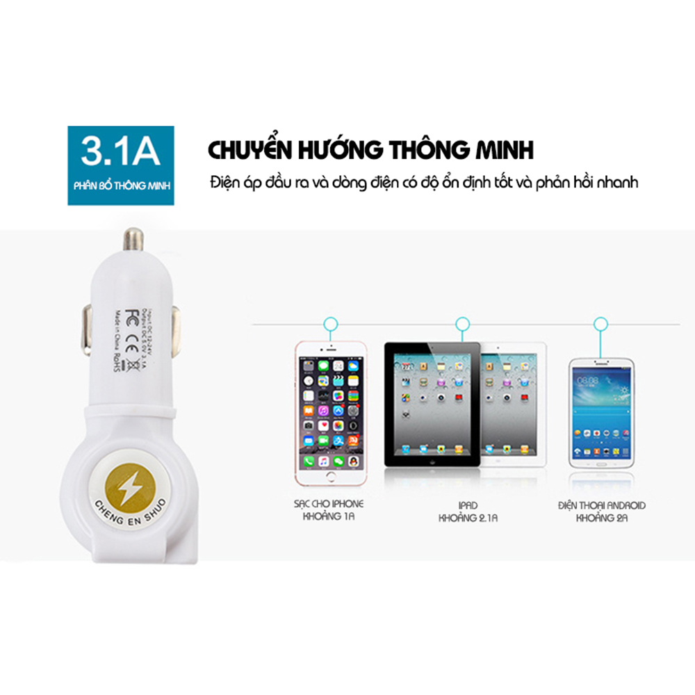 Tẩu Sạc Xe Hơi Đa Năng 3.1A 3 Đầu Cáp (Type-C/Lightning/Micro USB)