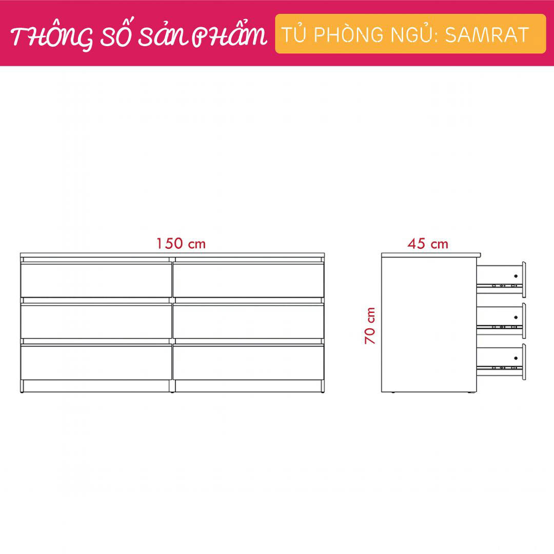 Tủ phòng ngủ gỗ hiện đại SMLIFE Samrat  | Gỗ MDF dày 17mm chống ẩm | D150xR45xC70cm