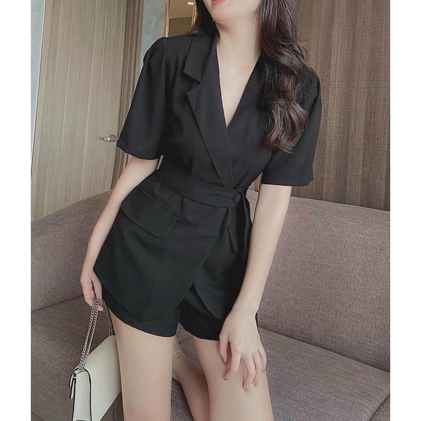 Sét bộ nữ áo kiểu vest tay ngắn eo thắt đai mix quần đùi from rộng sang trọng, xinh xắn cho nàng công sở