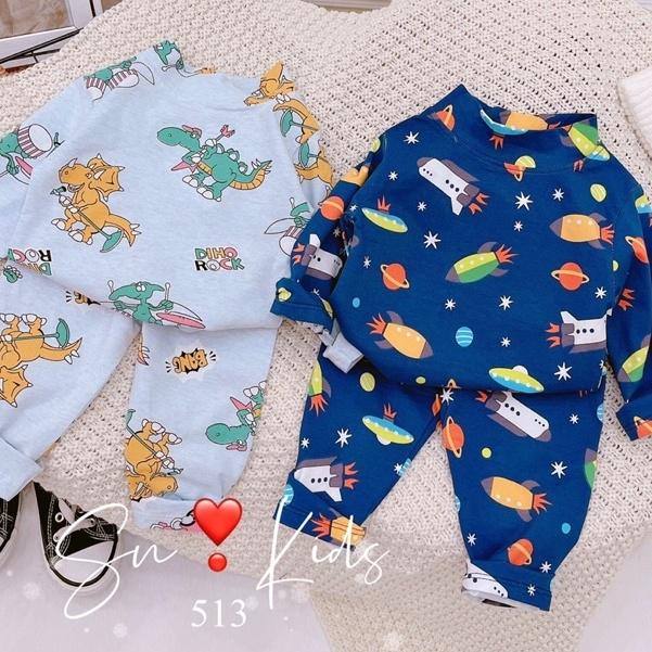 Bộ cotton cổ cao 3p quần áo bé trai hoạ tiết khủng long ô tô
