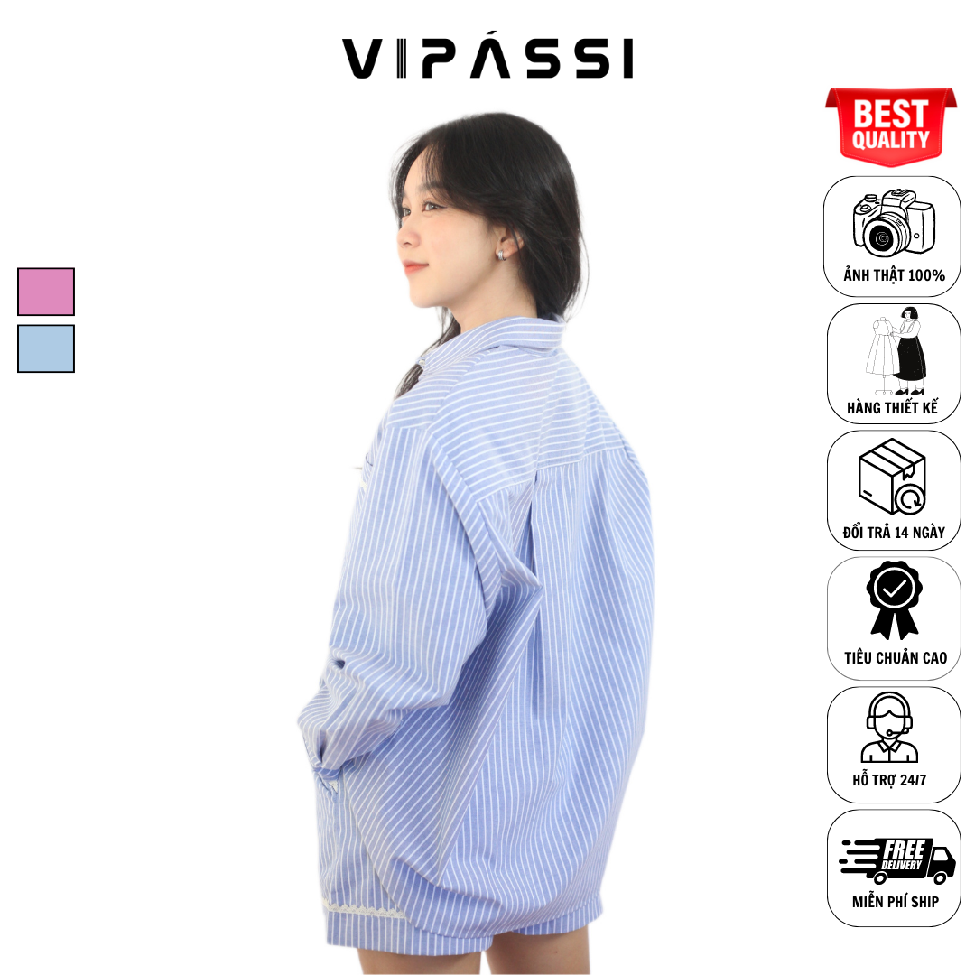 VIPÁSSI Quần Short Cotton Sọc Lưng Thun Dây Rút Túi Xẻ Họa Tiết Ren