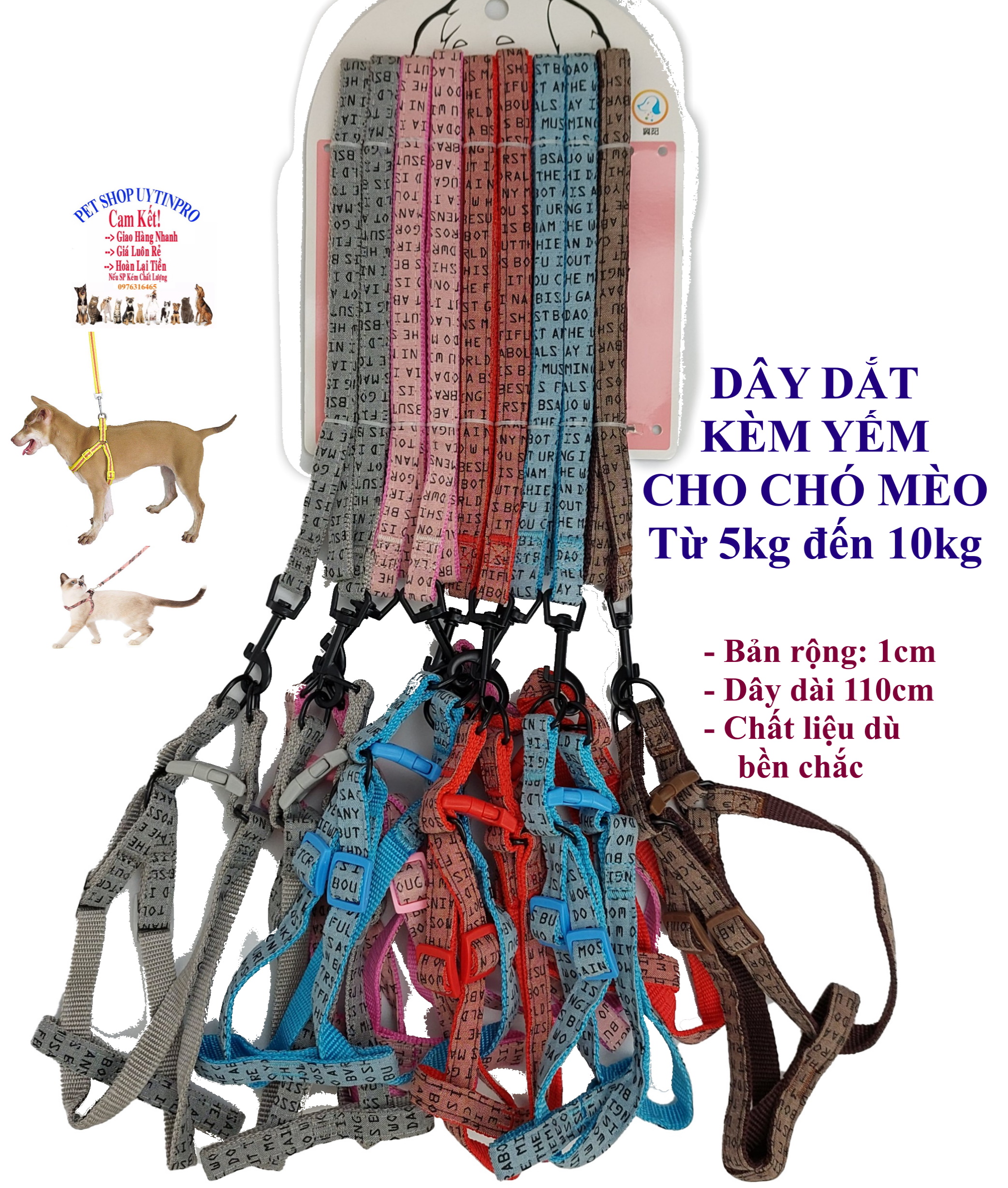 Dây dắt kèm yếm cho Chó Mèo Từ 5kg đến 10kg Bản rộng 1.5cm In CHỮ CÁI Chất liệu dù Bền, Chắc chắn, Yếm có thể điều chỉnh