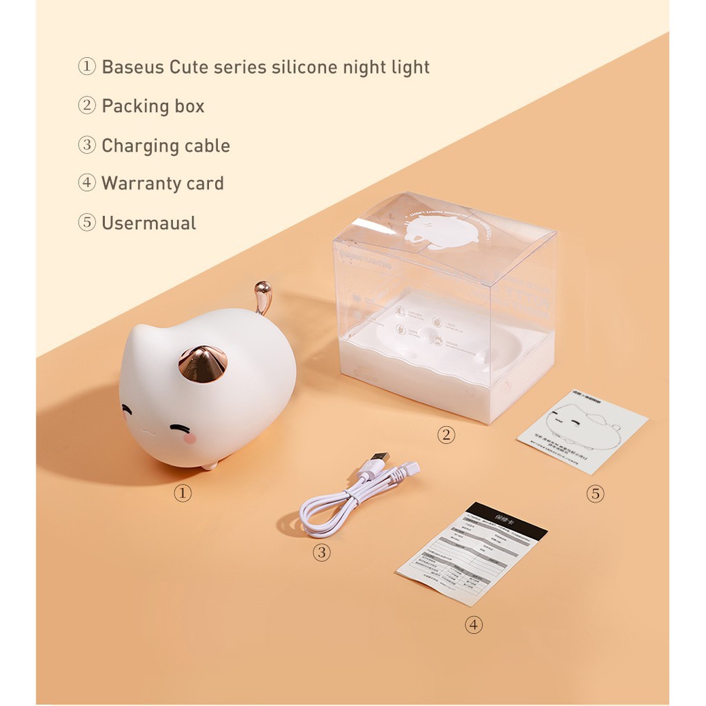 Đèn Ngủ Hình Thú Dễ Thương Cute Series Silicone Night Light Với Dung Lượng Pin 1100mah, Cảm Biến Sáng - Hàng Chính Hãng Baseus