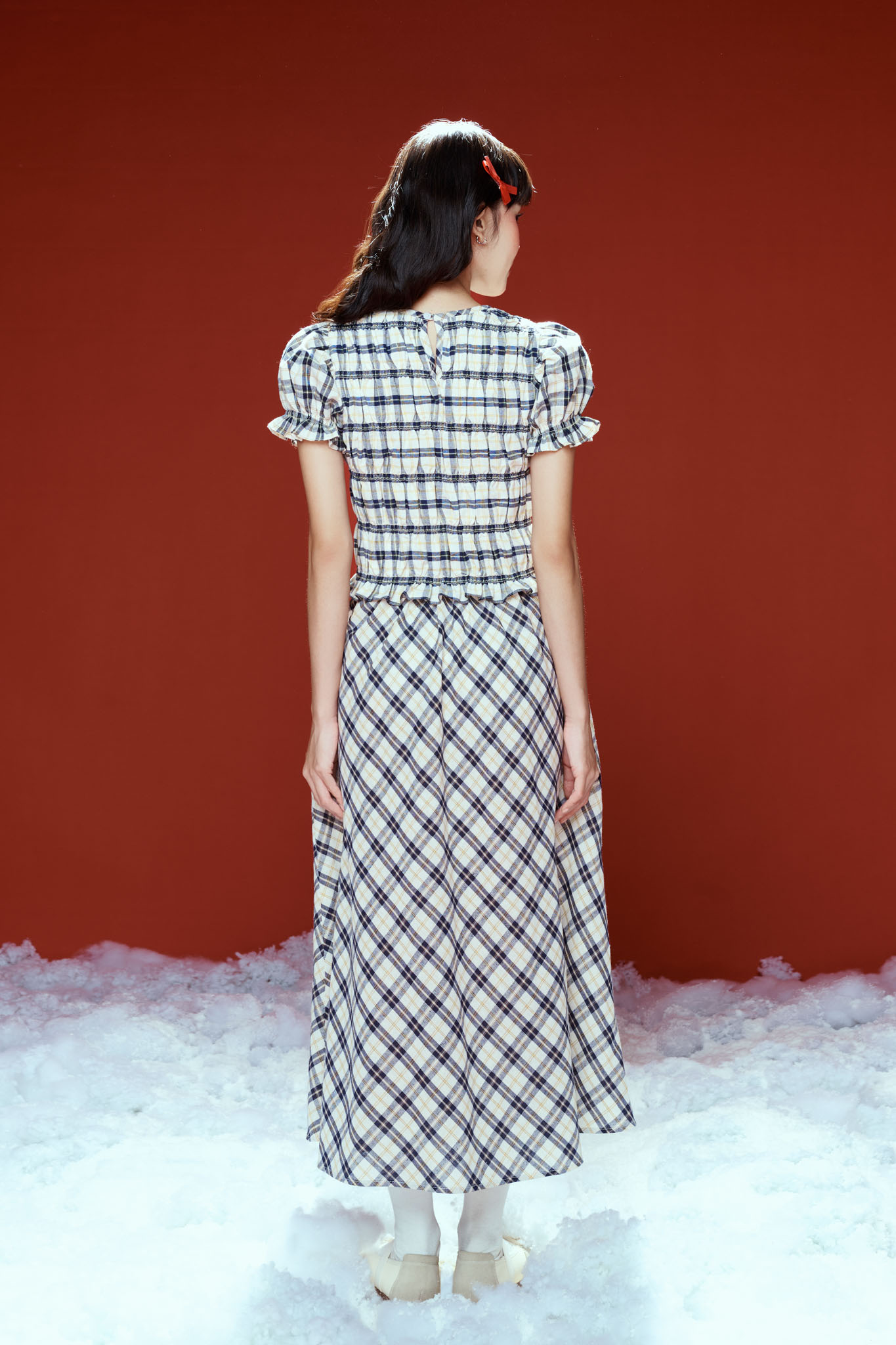 DOTTIE - Chân váy midi kẻ ô - Xanh đen - S0253