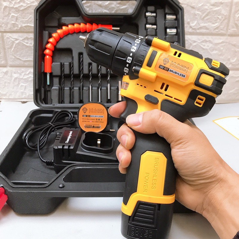 Máy Khoan Pin Hukan 18V KHÔNG CHỔI THAN Tặng Kèm 23 Chi Tiết