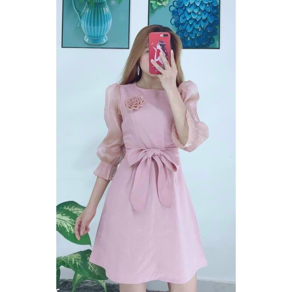Đầm xoè tiểu thư cột nơ eo phối tay voan tơ