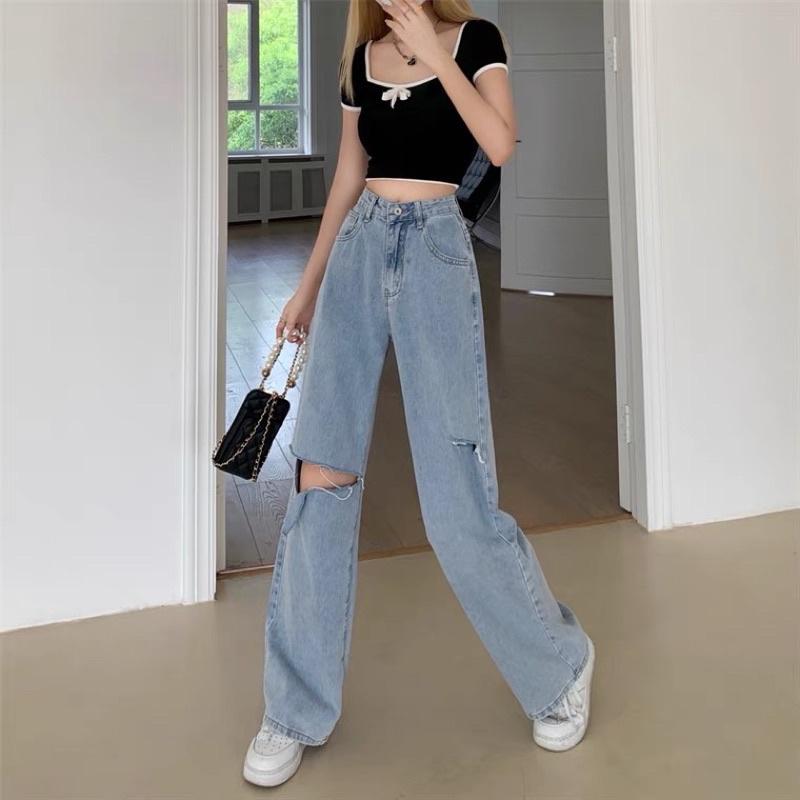 Quần jeans nữ ống rộng cạp cao rách gối phong cách streetstyle quần jeans rách cá tính