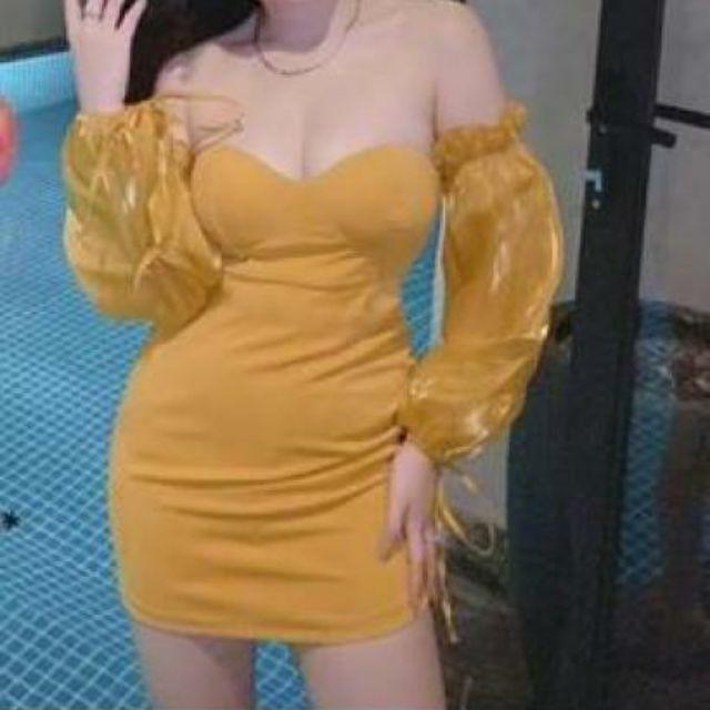 Đầm cúp bẹt vai tay dài voan kiếng