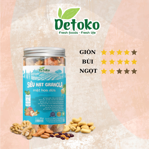 Granola siêu hạt mật hoa dừa không yến mạch 350g Detoko sản phẩm thuần chay