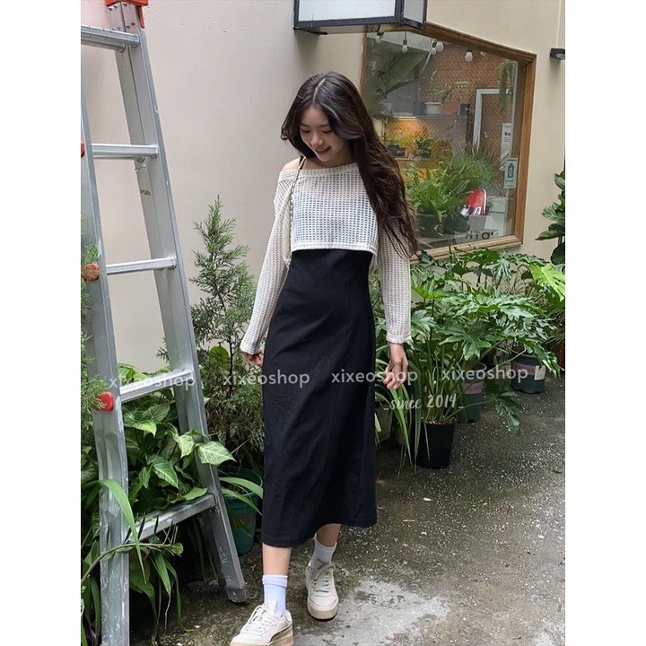 SET ÁO LƯỚI CROPTOP LỬNG TAY DÀI + ĐẦM SUÔNG TRƠN DÂY ĐEN MIDI DẠO PHỐ DỰ TIỆC