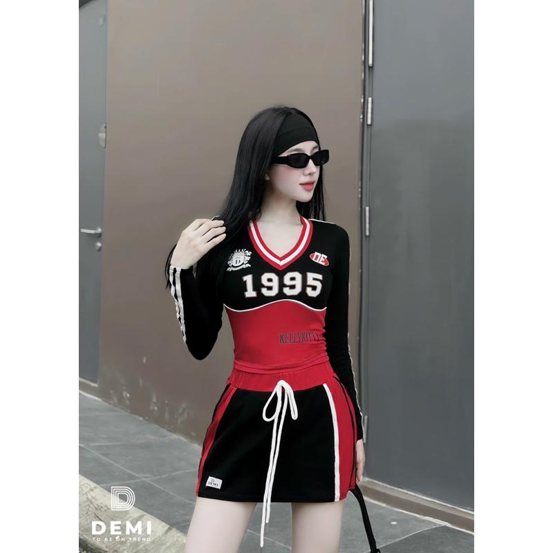 Set áo cổ tim 1995 KellyKitty tay sọc chân váy phối De
