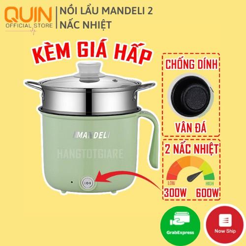 Nồi Lẩu Điện Mini 2 NẤC NHIỆT Mandeli Chống Dính Vân Đá Cao Cấp, Kèm Giá Hấp INOX - Ca Nấu Mì Đa Năng 1.8L,Chiên,Sào,Hấp