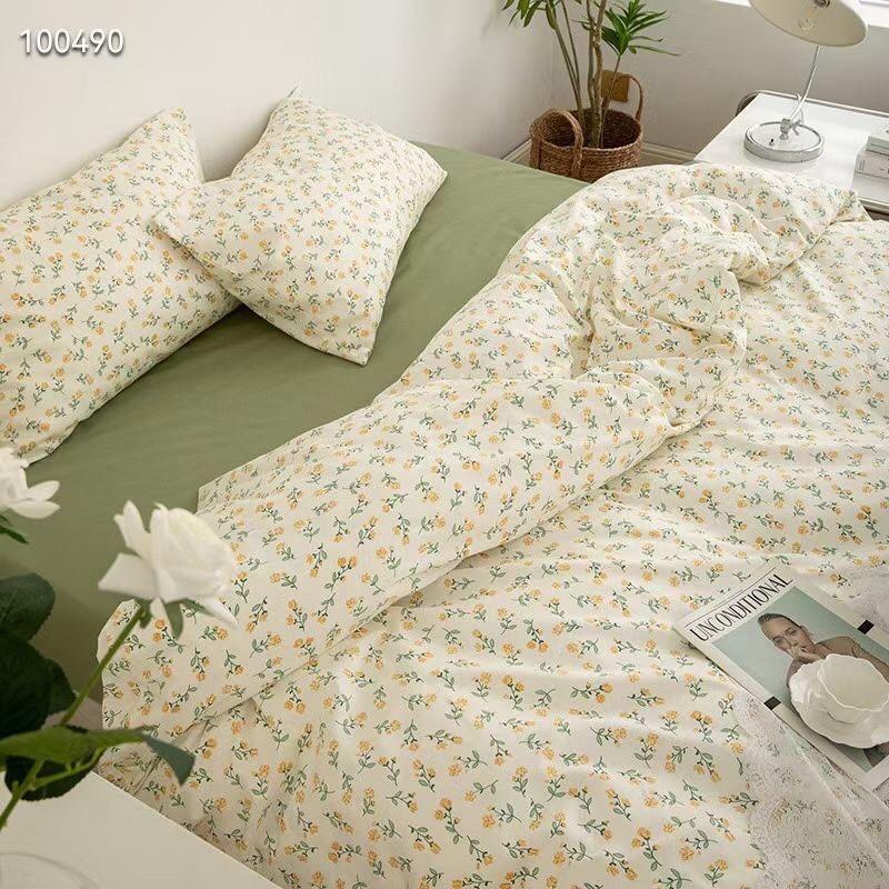 Bộ Chăn Ga Gối Cotton Living 100%cotton Hàng Nhập Khẩu Cao Cấp 4 Món Hoa Vintage Nhí Xanh