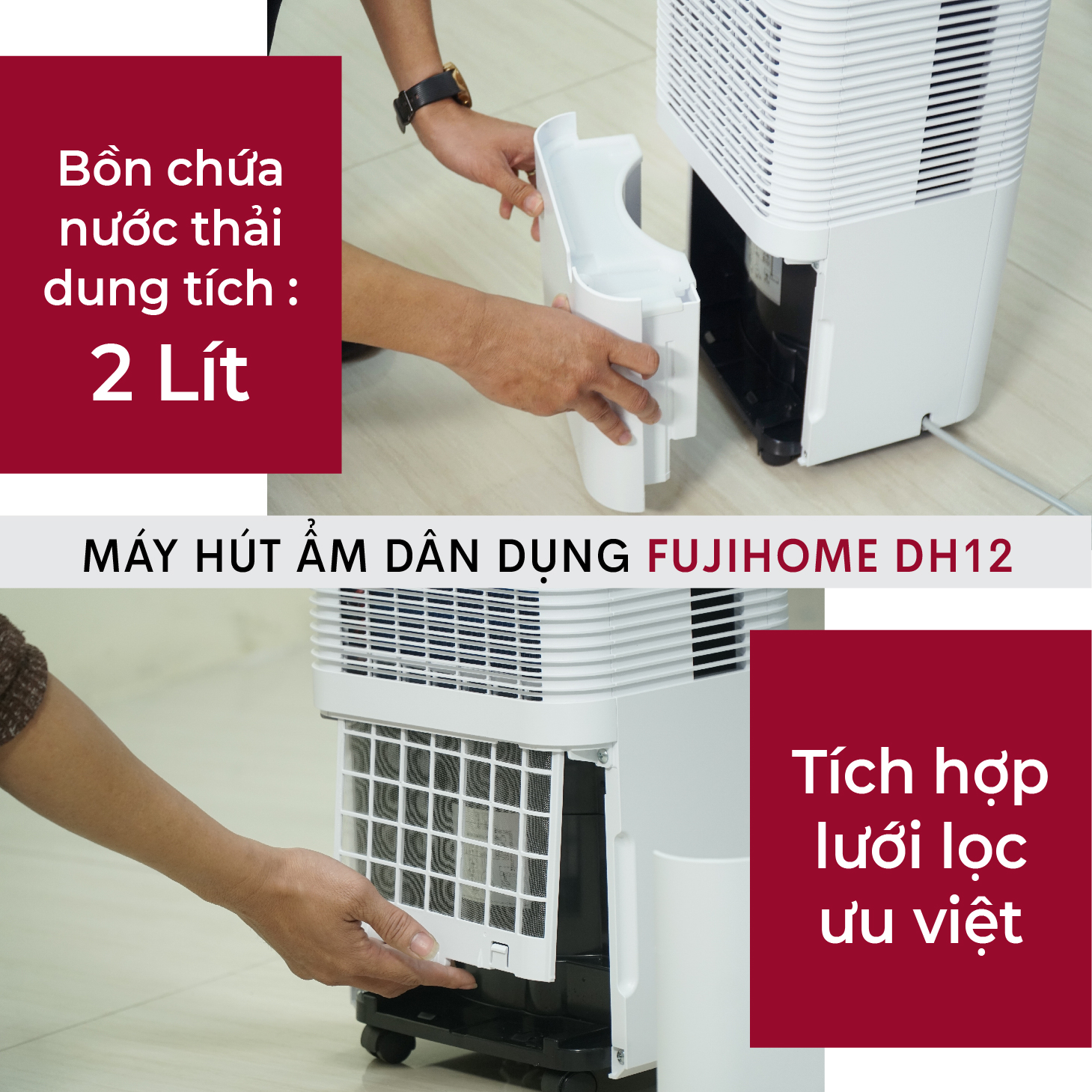 Máy hút ẩm lọc không khí 40m2 Nhật Bản Fujihome, máy hút ẩm không khí gia dụng thông minh công suất lớn hiển thị độ ẩm mini dehumidifiers - Hàng Nhập Khẩu