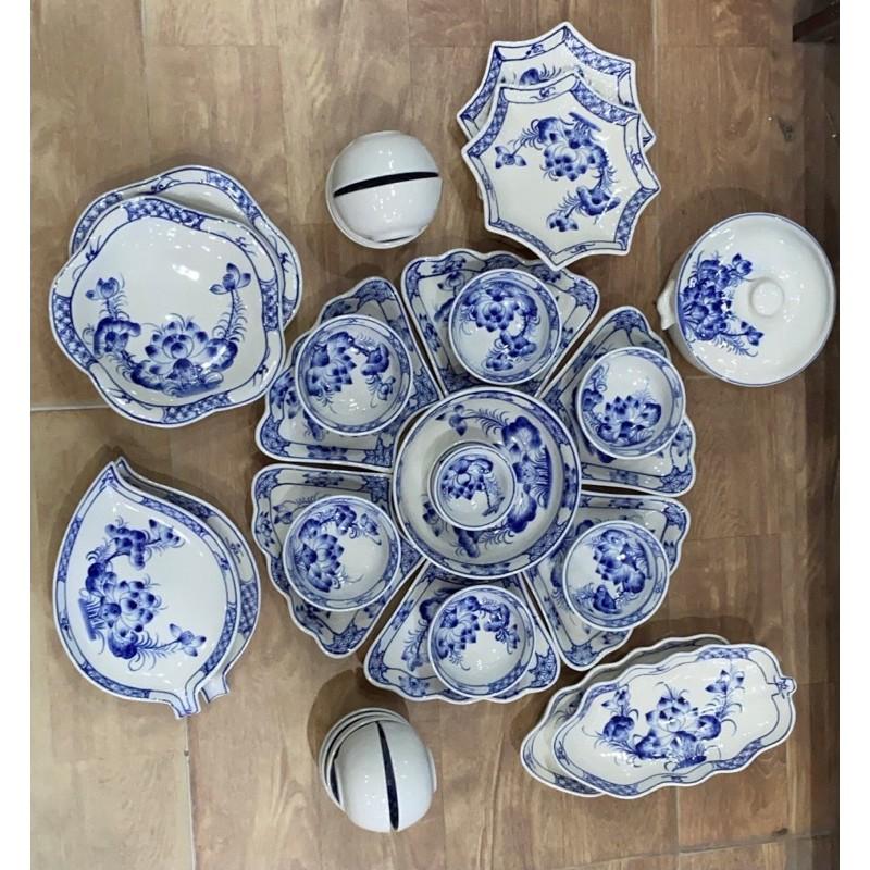 Set bát đĩa hoa mặt trời men lam 30-34 món. Gốm sứ Bát Tràng cao cấp.