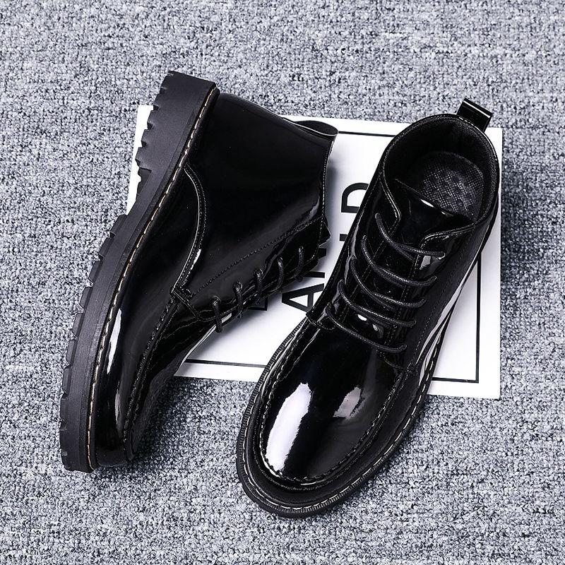 High-top leather shoes men's Korean version of high leather boots students Martin boots short boots winter men's shoes plus velvet cotton shoes - 599 black