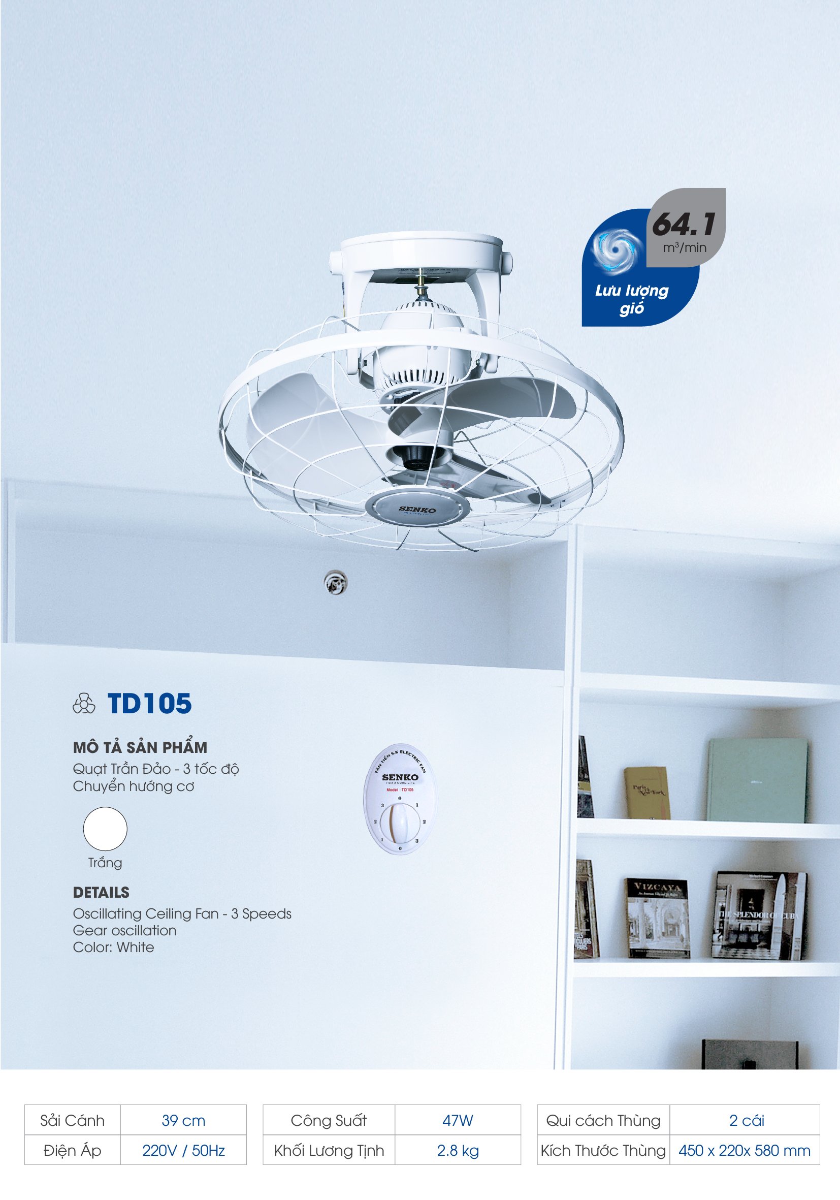 Quạt Đảo Trần Senko TD105 Hàng Chính Hãng Quay 360, Bảo hành 24 tháng