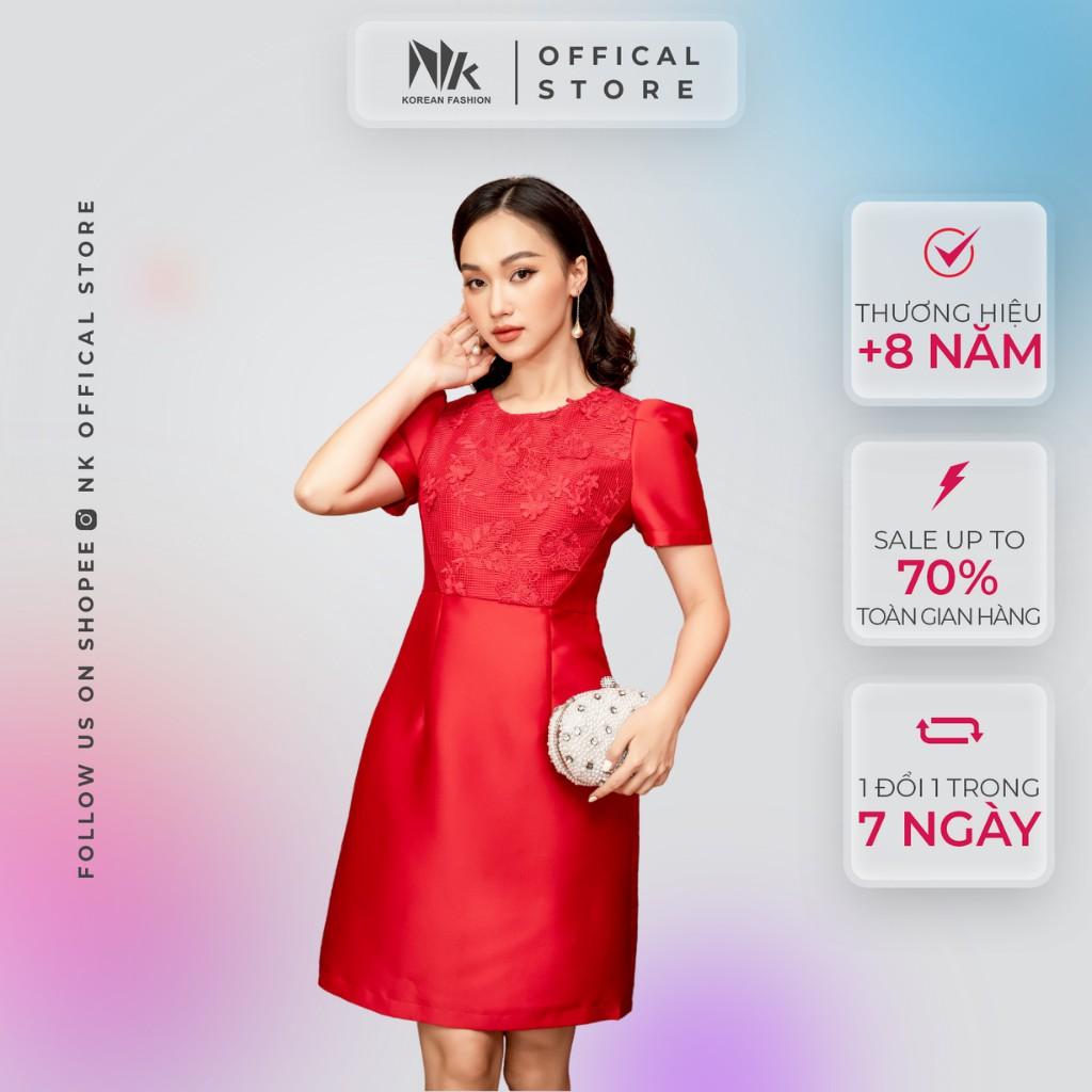 Váy Thiết Kế Nữ Dáng Chữ A NK FASHION Cổ Tròn Tay Bồng Phối Ren, Vải Gấm Cao Cấp NKDV2012028