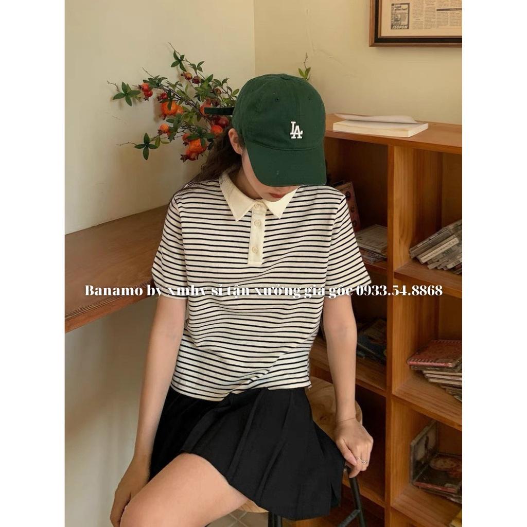 Áo polo nữ cộc tay họa tiết kẻ ngang phong cách trẻ trung thời trang Banamo fashion polo nữ kẻ sọc ngang 3930