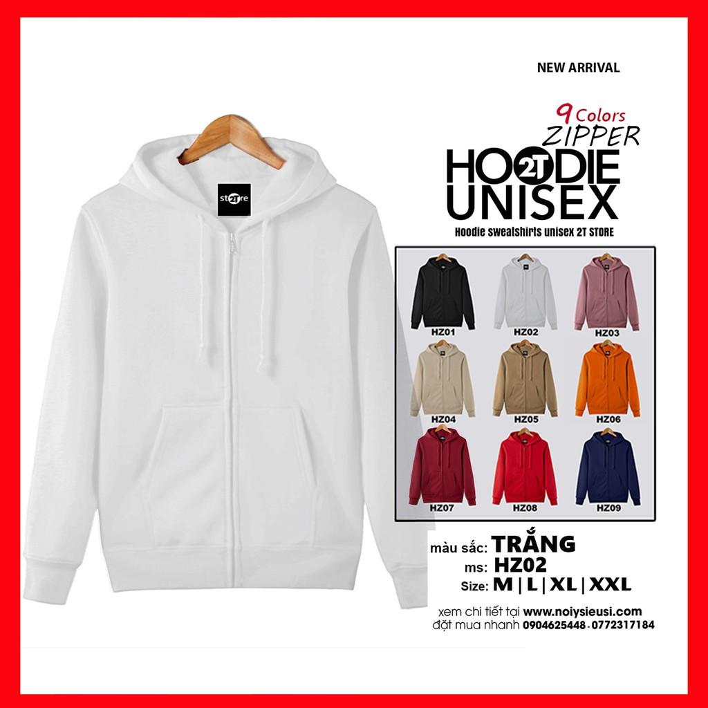 Áo hoodie zipper unisex 2T Store HZ02 màu trắng khoác nỉ dây kéo nón 2 lớp dày dặn chất lượng đẹp