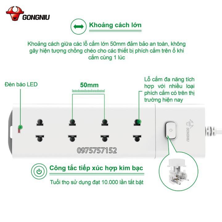 Ổ cắm điện an toàn cao cấp GONGNIU, ổ cắm điện đa năng 4 ổ 1 công tắc có dây 5m, bảo hành chính hãng 3 năm 1 đổi 1