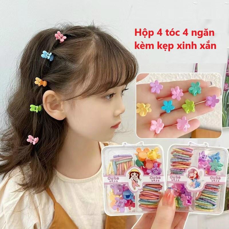 Hộp Dây Buộc Tóc Mix Kẹp Tóc Càng Cua Cho Bé Hộp Vuông 4 Ngăn