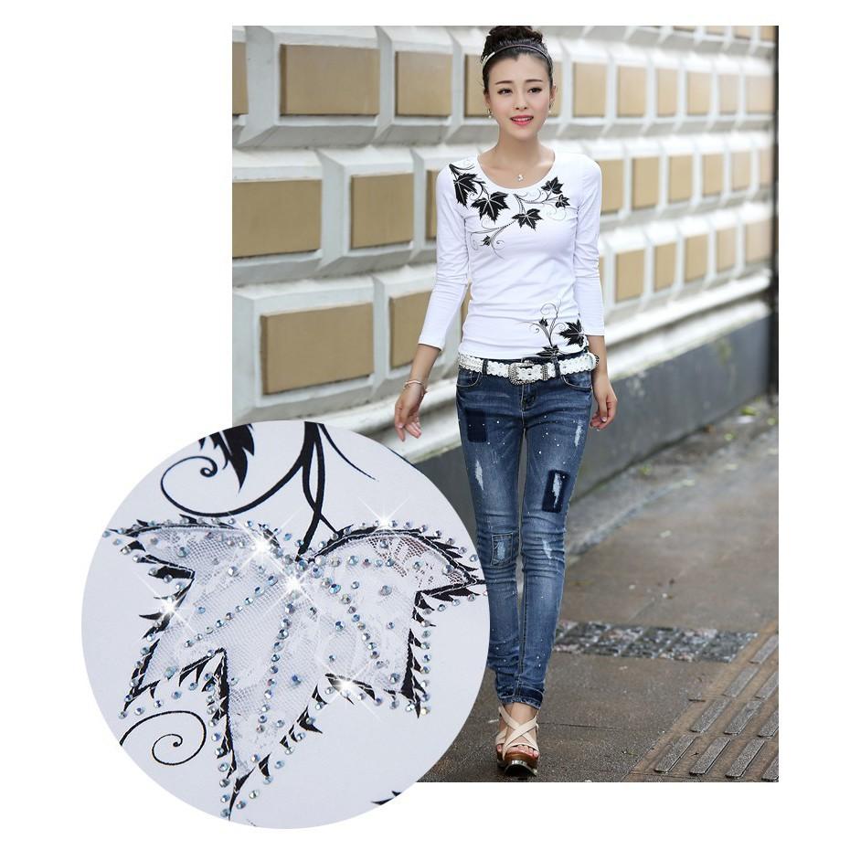 Áo Thun Nữ Đính Đá sang chảnh Hàng Quảng Châu thun Cotton ko xù lông