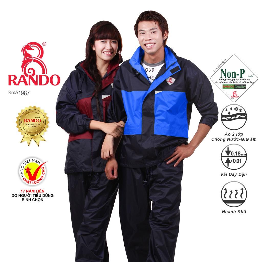 BỘ QUẦN ÁO MƯA 2 Lớp Giữ Ấm RB8, Chính Hãng RANDO, Vải Dù Cao Cấp, Thời Trang, Bền Bỉ Không Thấm Nước Cho Đi Phượt