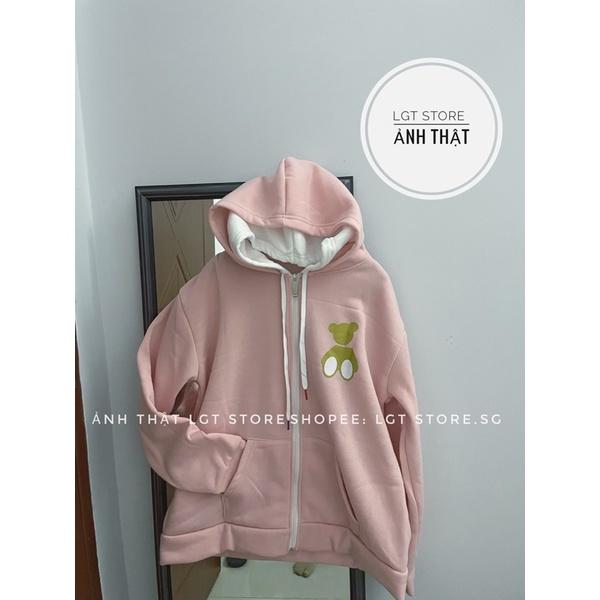 Áo khoác hoodie form rộng, Áo khoác chống nắng in hai mặt Gấu