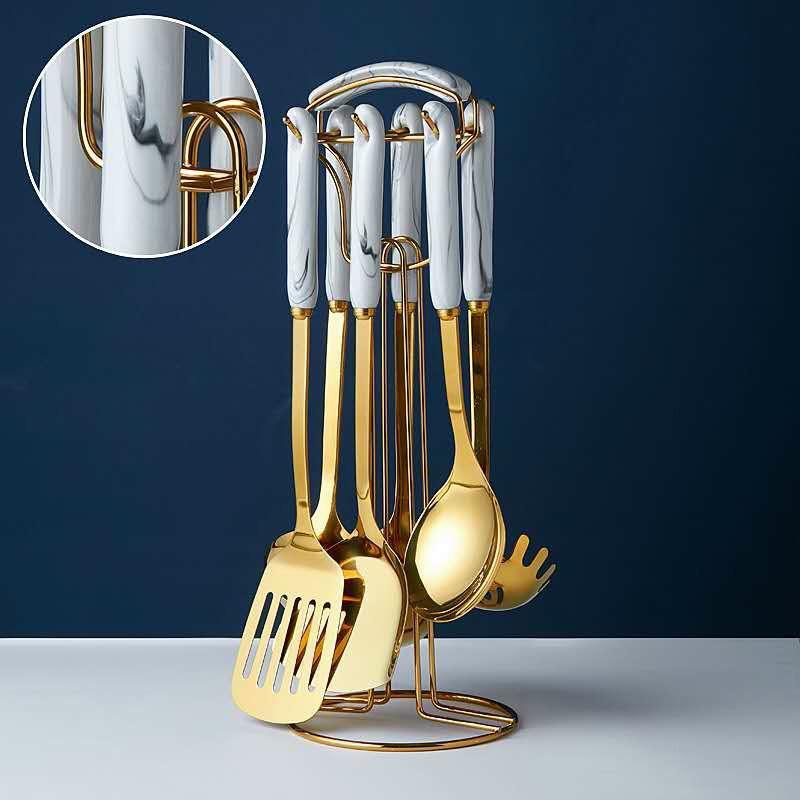 Bộ Dụng Cụ Nấu Ăn 6 Món Inox Cán Sứ Kèm Giá Treo Cao Cấp