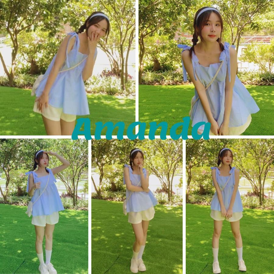 {ẢNH THẬT}Set áo xanh nơ vai kèm kèm quần chun trắng.Set bộ xanh babydoll