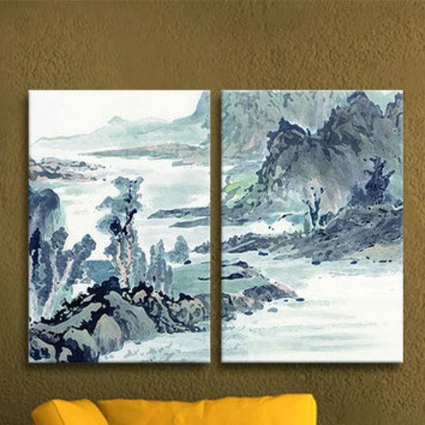 Bộ 2 Tranh Ép Gỗ MDF Phong Cảnh Núi Non W523