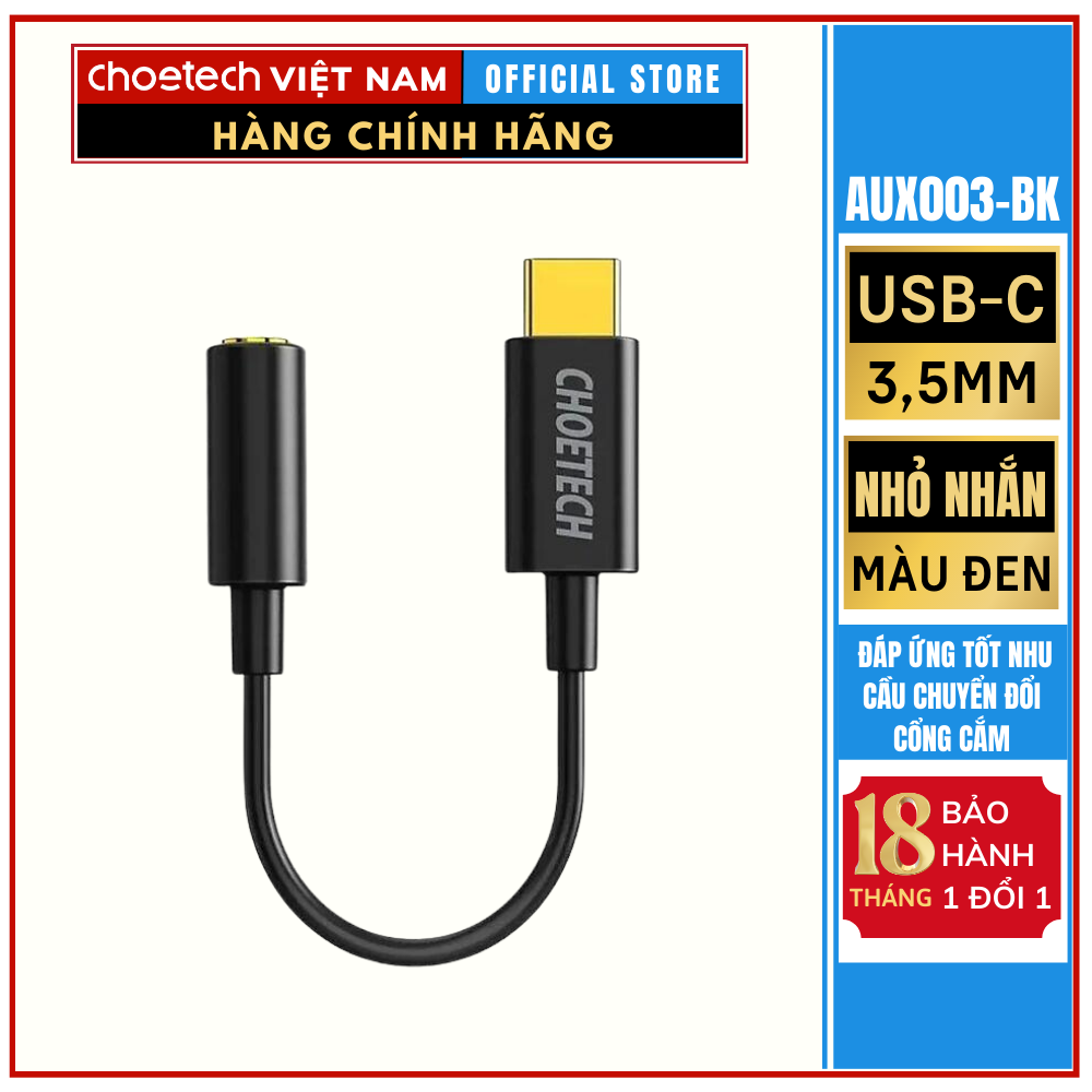 Cáp chuyển đổi USB-C sang 3.5mm Female audio Choetech AUX003–BK (Hàng chính hãng)