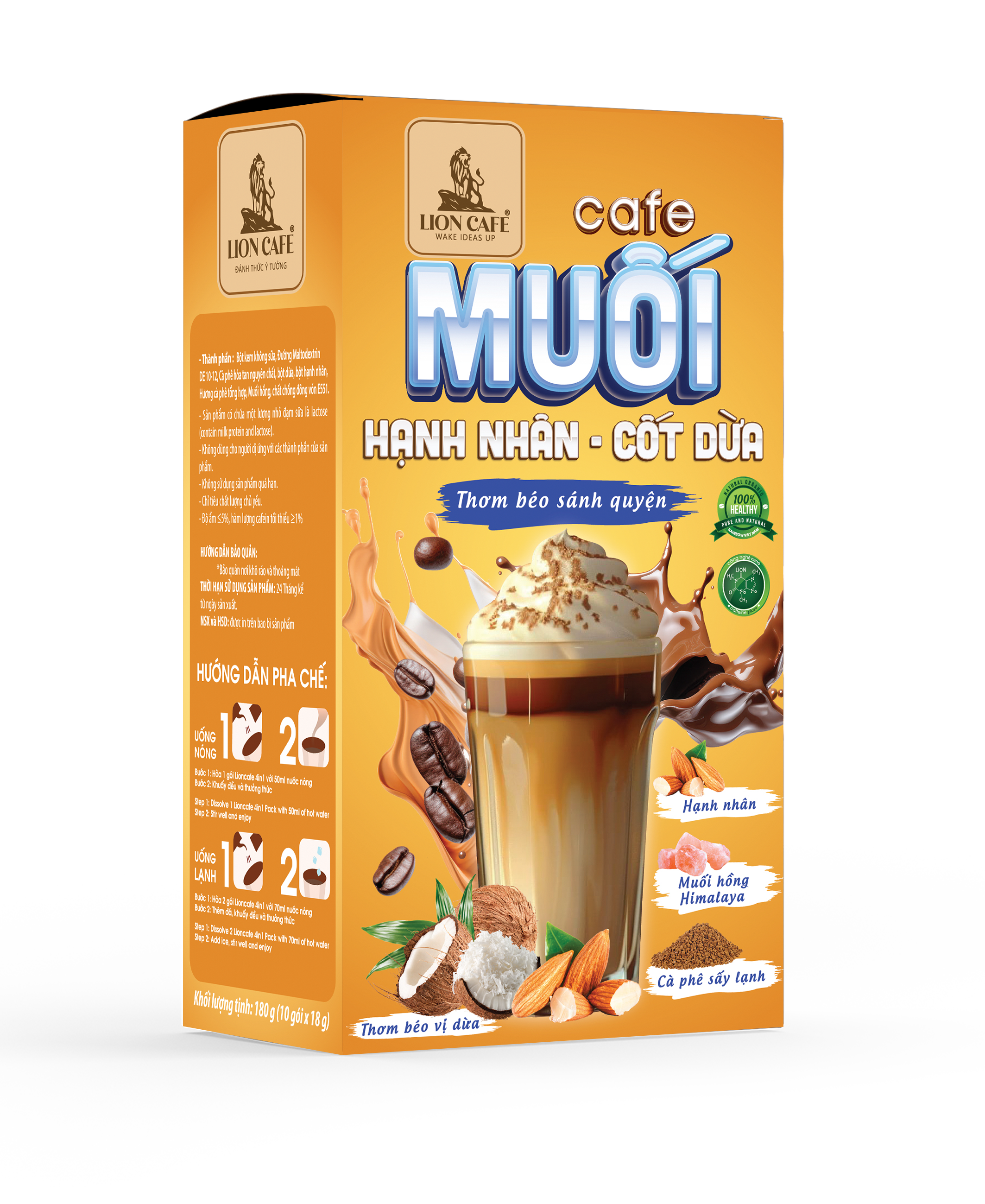 Cà Phê Muối Hạnh Nhân Cốt Dừa - LION CAFE Hộp 180g (10 gói x 18g) - Thơm Béo Sánh Quyện