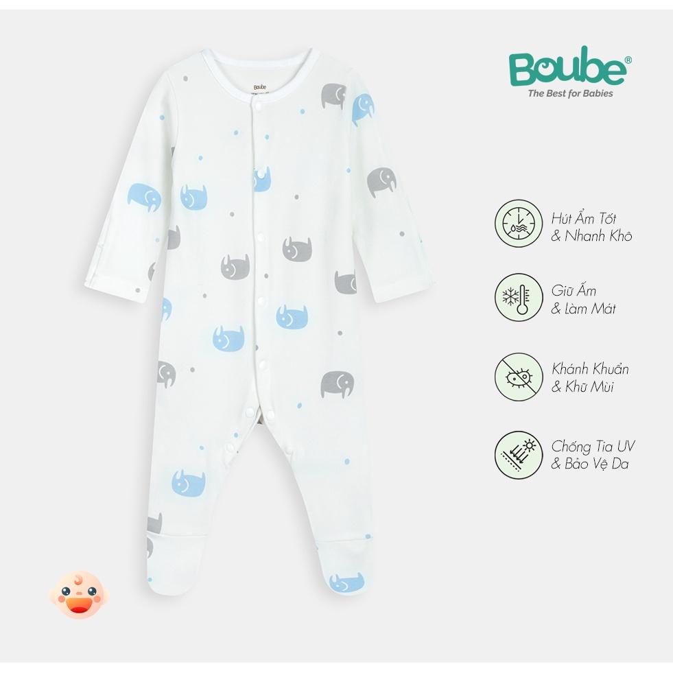 Bộ liền thân cài thẳng dài tay hoạ tiết voi xanh Boube - Chất liệu Petit thoáng mát - Size Newborn