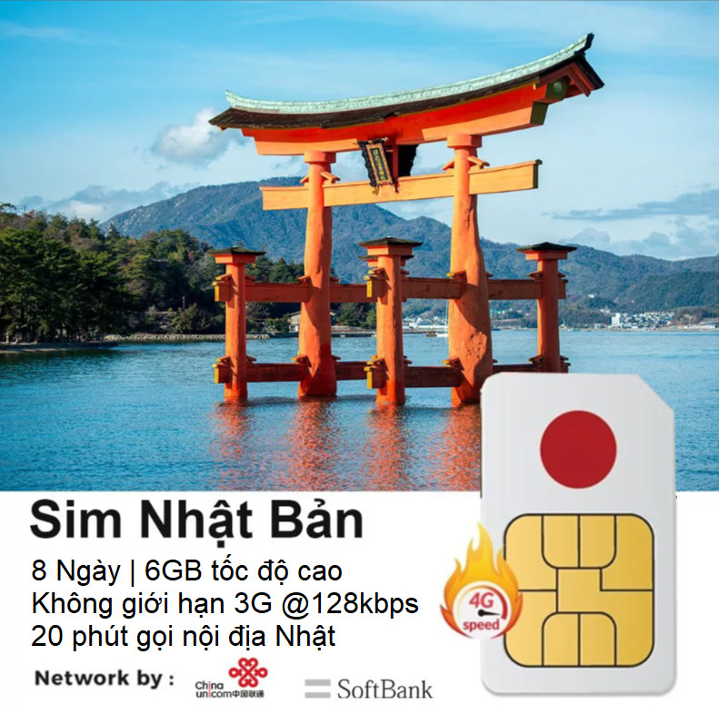 Sim 4G Nhật 8 ngày, 6GB Data tốc độ cao, Không giới hạn Data tốc độ thường, Có thoại