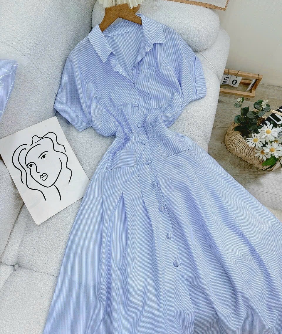 ĐẦM DÀI MIDI SUÔNG CỔ SƠ MI XANH BABY BLUE PASTEL SỌC TAY NGẮN XẾP LY XÒE MAXI DẠO PHỐ ĐI TIỆC ĐI BIỂN ĐI CHƠI CÔNG SỞ